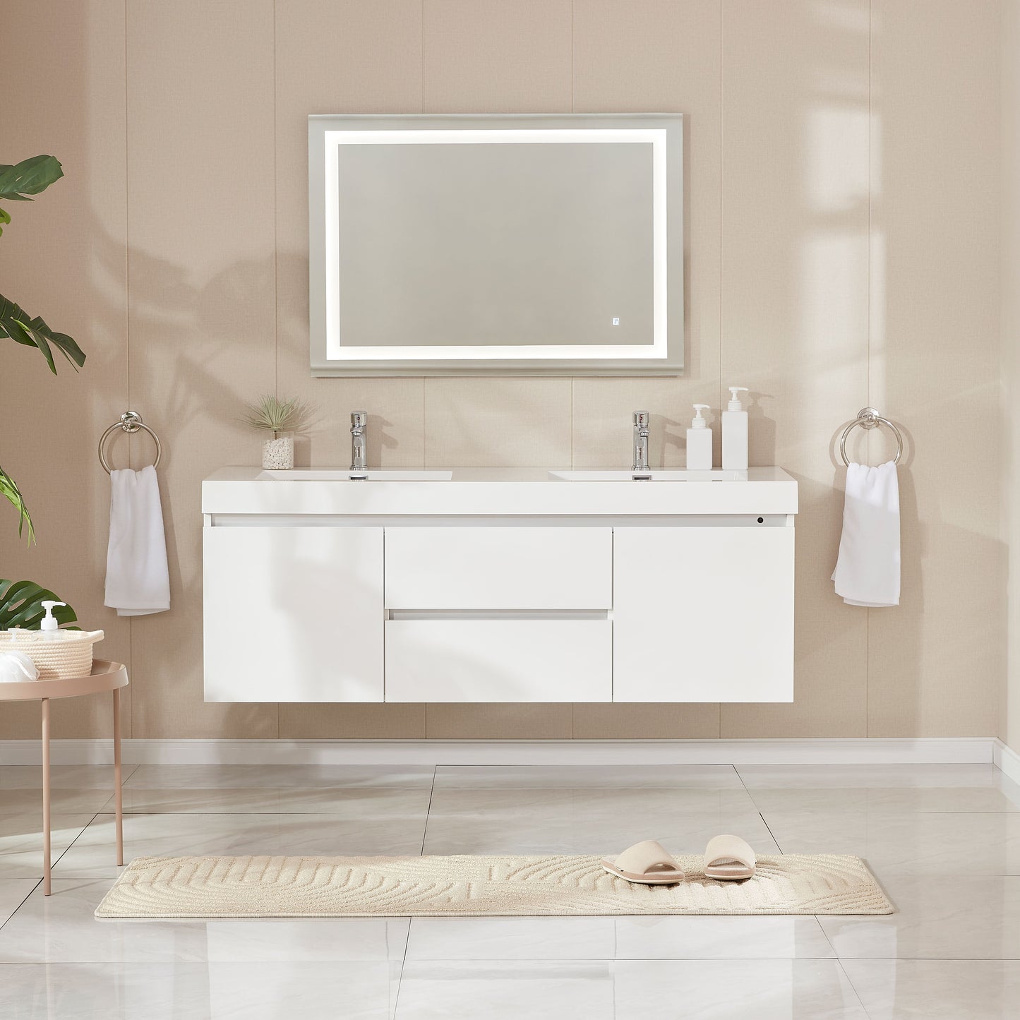 60 Inch LED Lighted Wall Hung Double Sink Bathroom Vanity in White with Resin Top - Vanity Art VA6060DWL