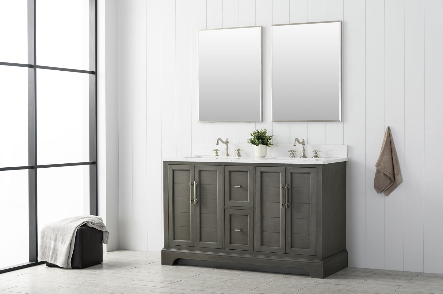 54 Inch Double Sink Bathroom Vanity in Gray with Marble Countertop & Backsplash - Vanity Art VA5054-SG