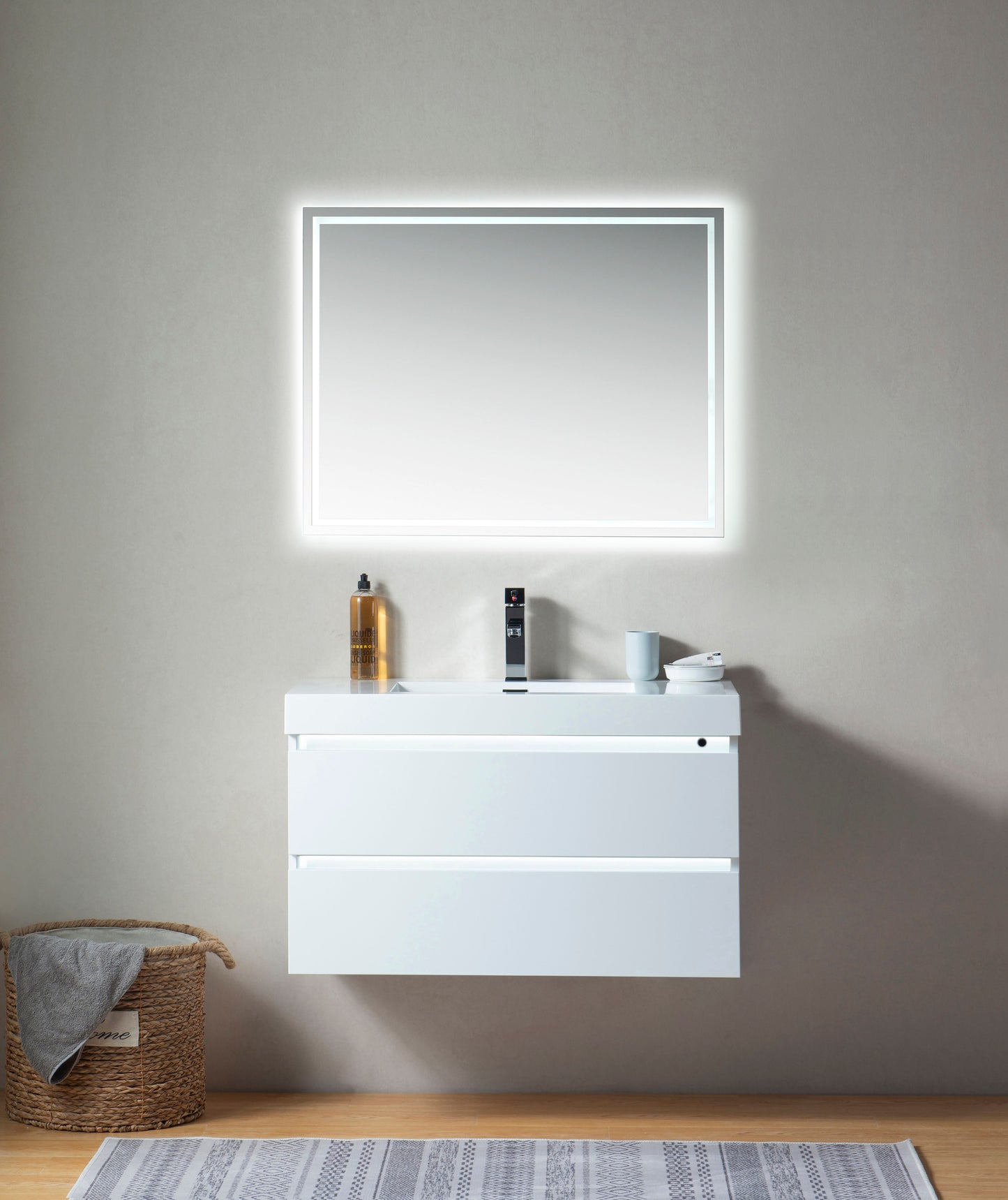 36 Inch LED Lighted Wall Hung Single Sink Bathroom Vanity in White with Resin Top - Vanity Art VA6036WL