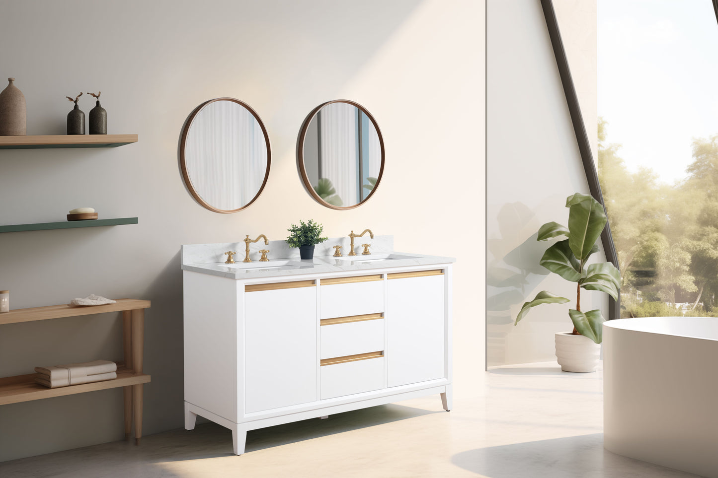 54 Inch Double Sink Bathroom Vanity in White with Marble Countertop - Vanity Art VA8054-DW