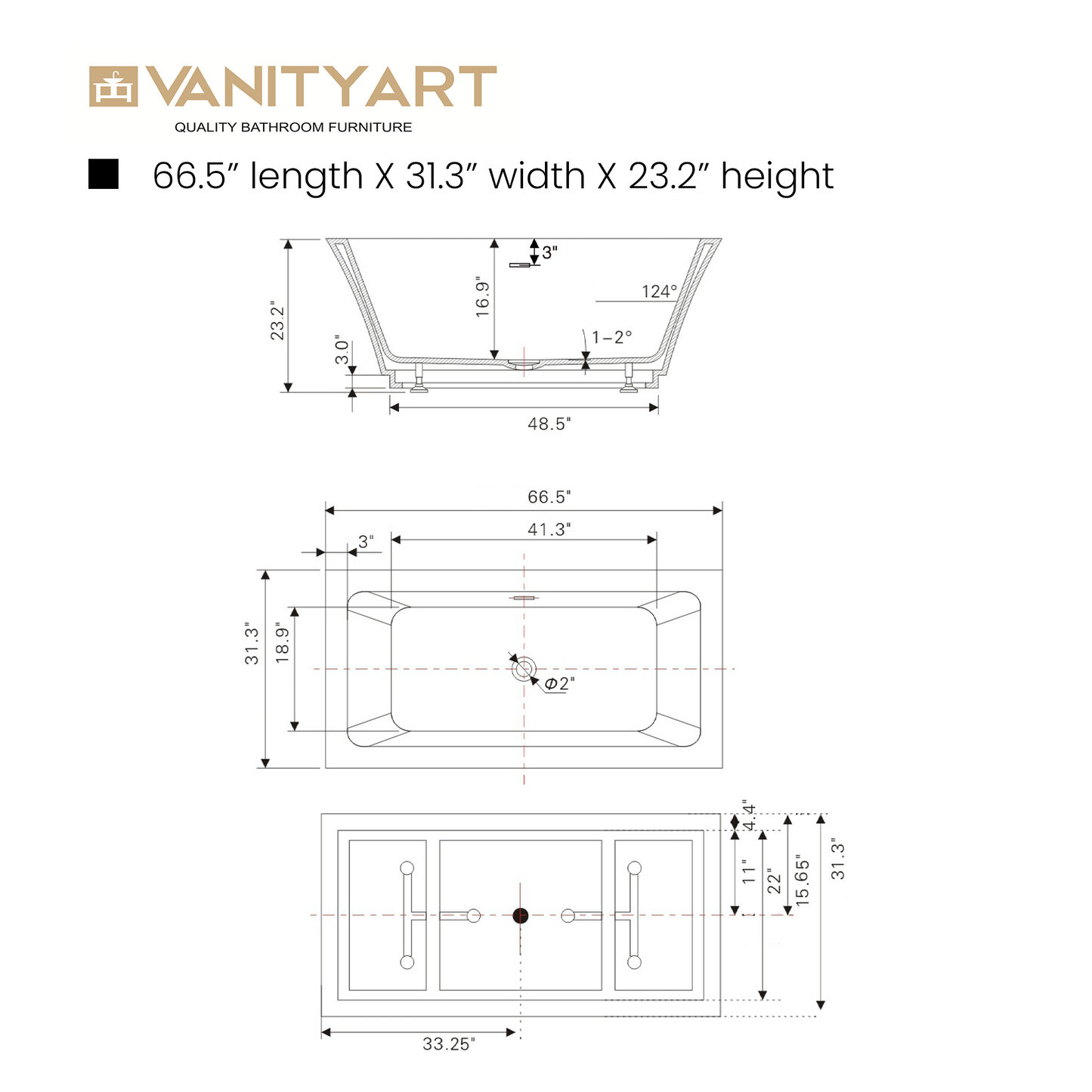 67 Inch Freestanding White Acrylic Bathtub with Overflow And Pop-Up Drain - Vanity Art VA6817-L-PC