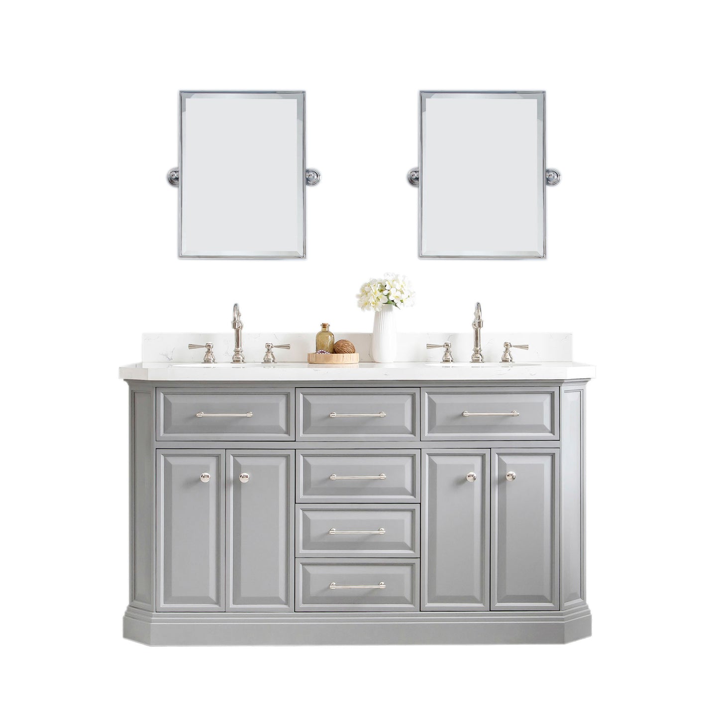 PALACE 60"W x 34"H Cashmere Gray Vanity with Carrara Quartz Countertop + Faucets & Mirror (F2-0012), Polished Nickel Finish Hardware & Mirror