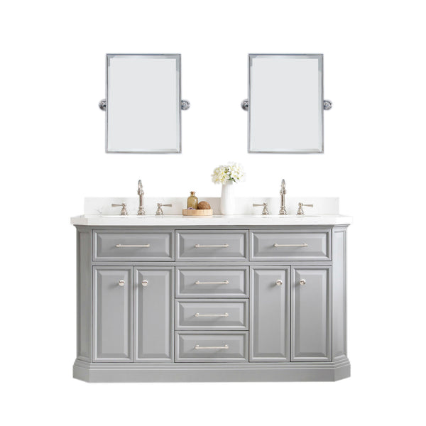 PALACE 60W x 34H Cashmere Gray Vanity with Carrara Quartz Countertop + Faucets & Mirror (F2-0012), Polished Nickel Finish Hardware & Mirror