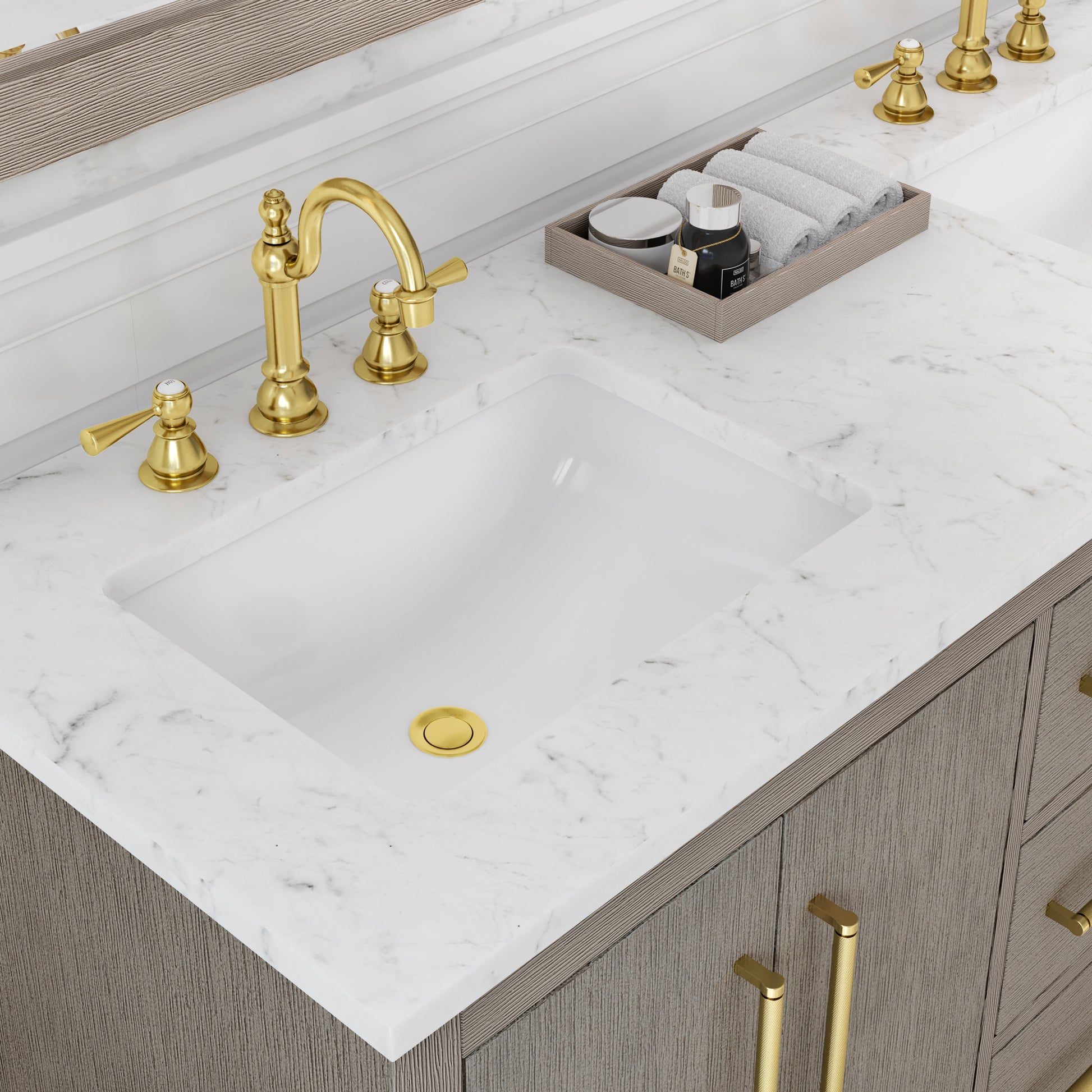 HUGO 60"W x 34.3"H Gray Oak Double-Sink Vanity with Carrara White Marble Countertop + Hook Faucets and Mirrors