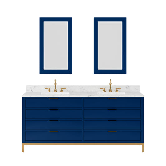 BRISTOL 72"W x 34"H Monarch Blue Double-Sink Vanity with Carrara White Marble Countertop + Rectangular Mirrors (S)