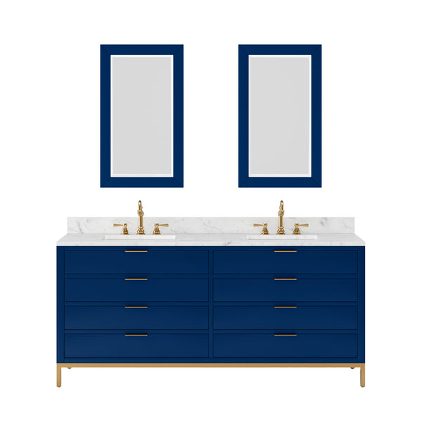 BRISTOL 72W x 34H Monarch Blue Double-Sink Vanity with Carrara White Marble Countertop + Rectangular Mirrors (S)