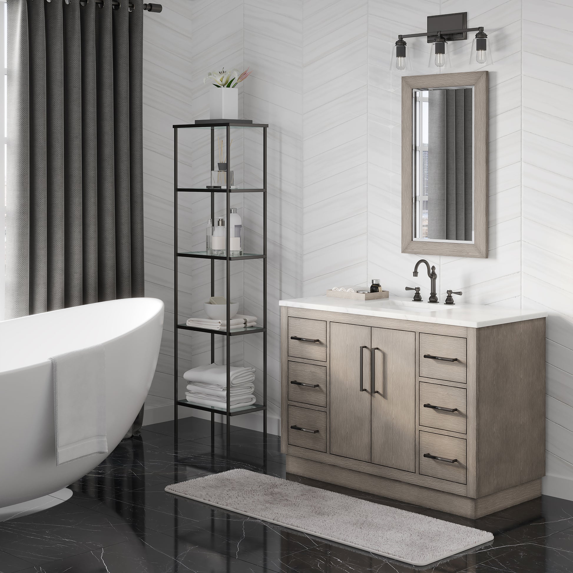 HUGO 48"W x 34.3"H Gray Oak Single-Sink Vanity with Carrara White Marble Countertop + Hook Faucet and Mirror