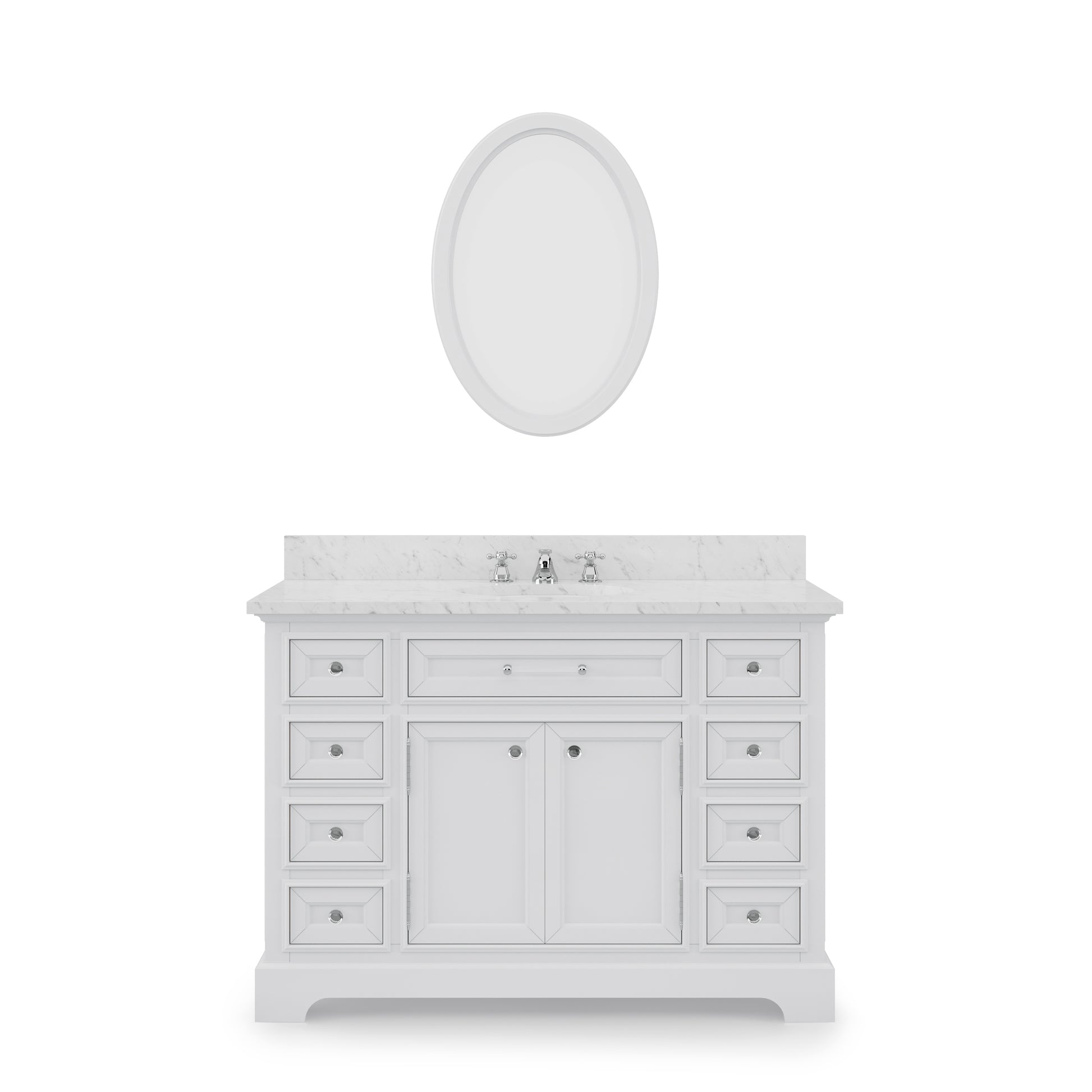 DERBY 48"W x 34"H Pure White Single-Sink Vanity with Carrara White Marble Countertop + Mirror