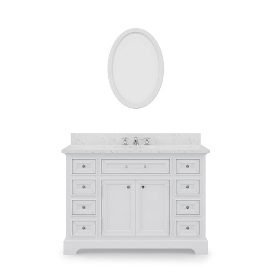 DERBY 48"W x 34"H Pure White Single-Sink Vanity with Carrara White Marble Countertop + Mirror