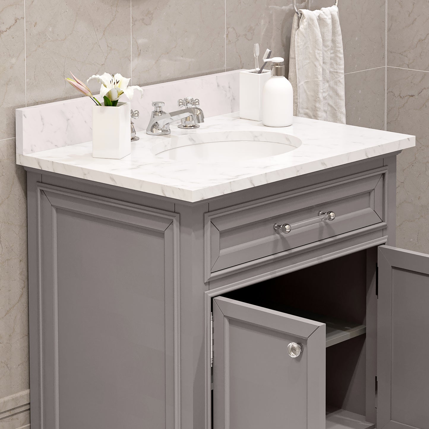 DERBY 30"W x 34"H Cashmere Gray Single-Sink Vanity with Carrara White Marble Countertop + Faucet