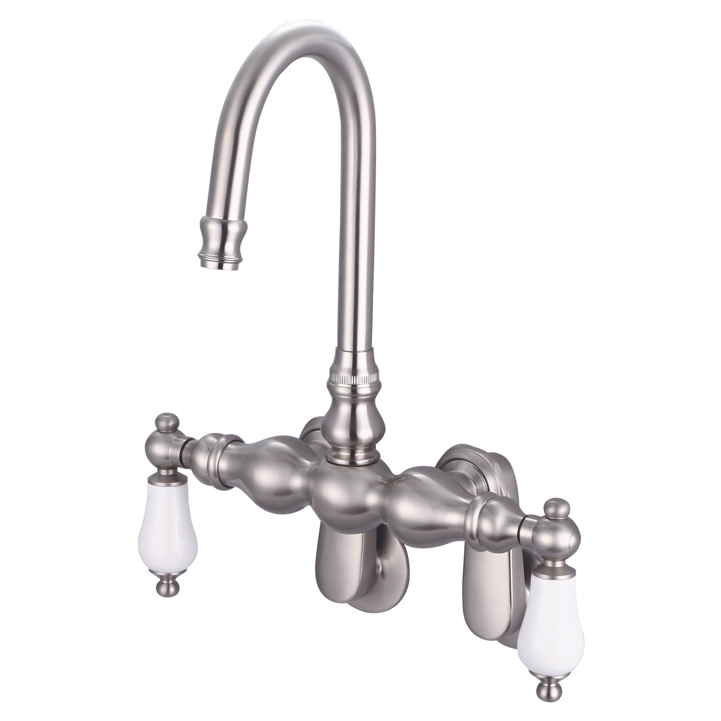 Vintage Classic Adjustable Spread Wall Mount Tub Faucet With Gooseneck Spout & Swivel Wall Connector in Brushed Nickel Finish, With Porcelain Lever Handles Without labels
