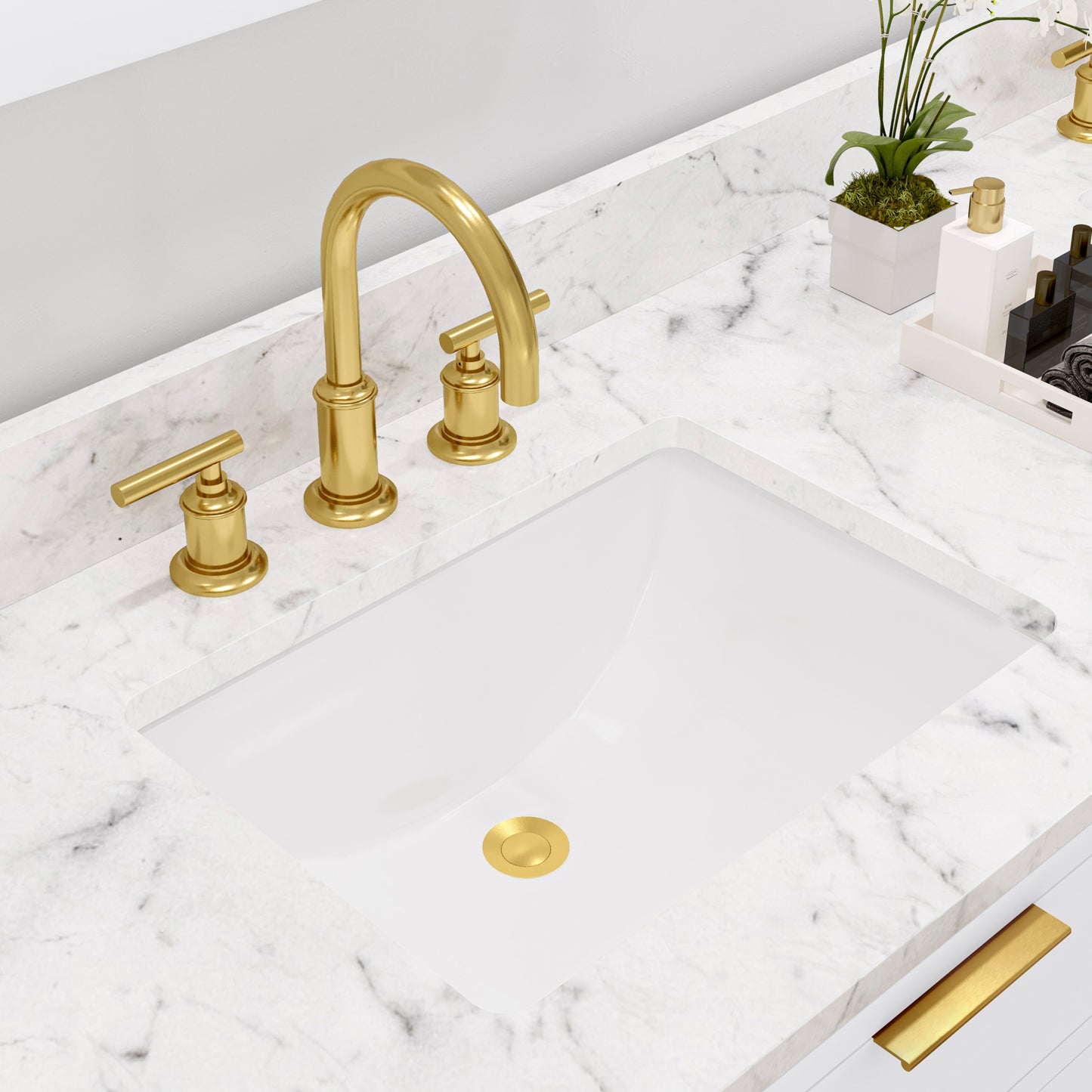 BRISTOL 72"W x 34"H Pure White Double-Sink Vanity with Carrara White Marble Countertop + Satin Gold Gooseneck Faucets and Rectangular Mirrors (S)