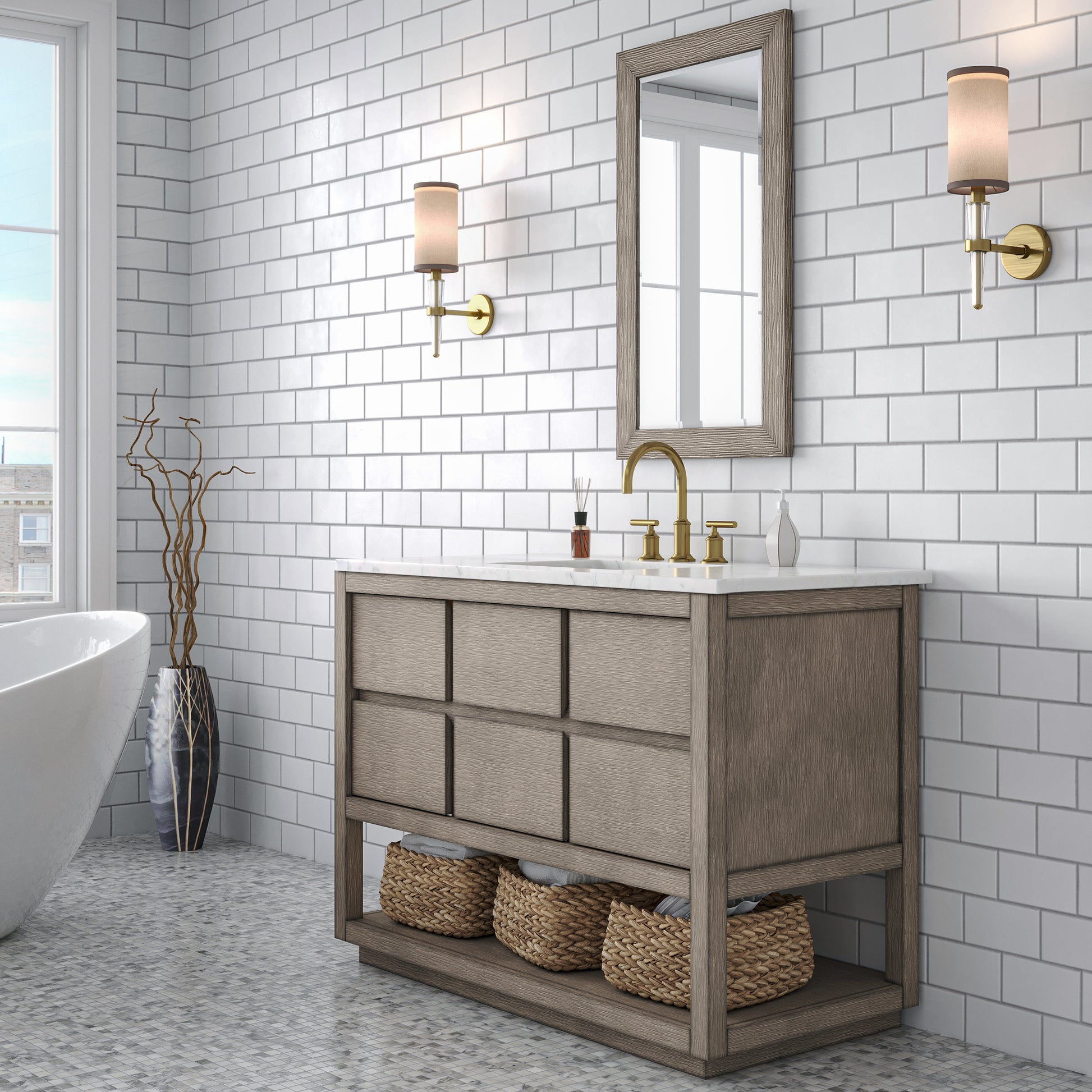 OAKMAN 72"W x 34.3"H Gray Oak Single-Sink Vanity with Carrara White Marble Countertop + Gold Faucets and Rectangular Mirrors