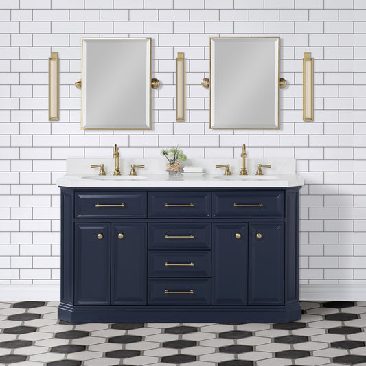 PALACE 60"W x 34"H Monarch Blue Double-Sink Vanity with White Quartz Countertop + Faucets (Hook Faucets)