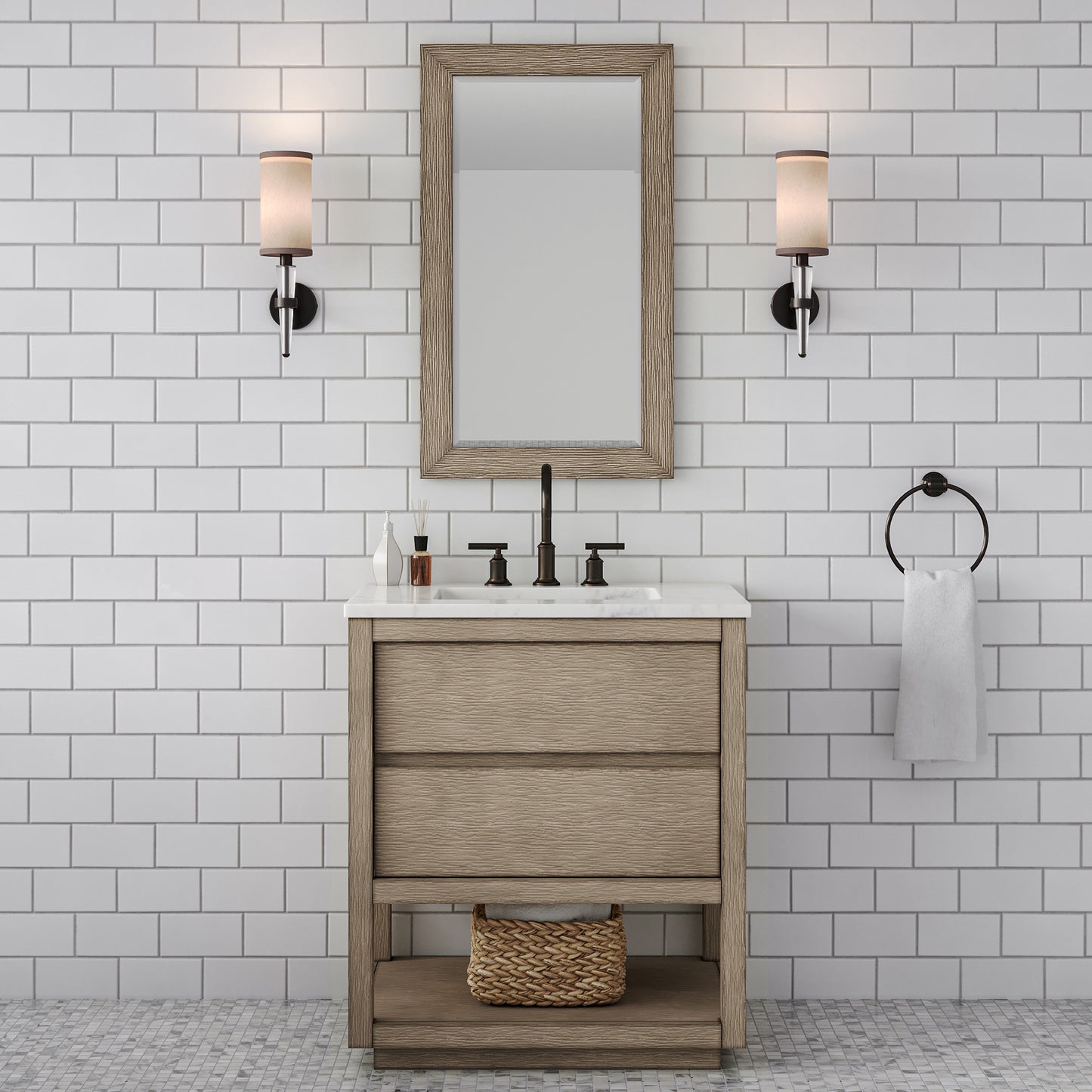 OAKMAN 30"W x 34.3"H Gray Oak Single-Sink Vanity with Carrara White Marble Countertop + ORB Faucet