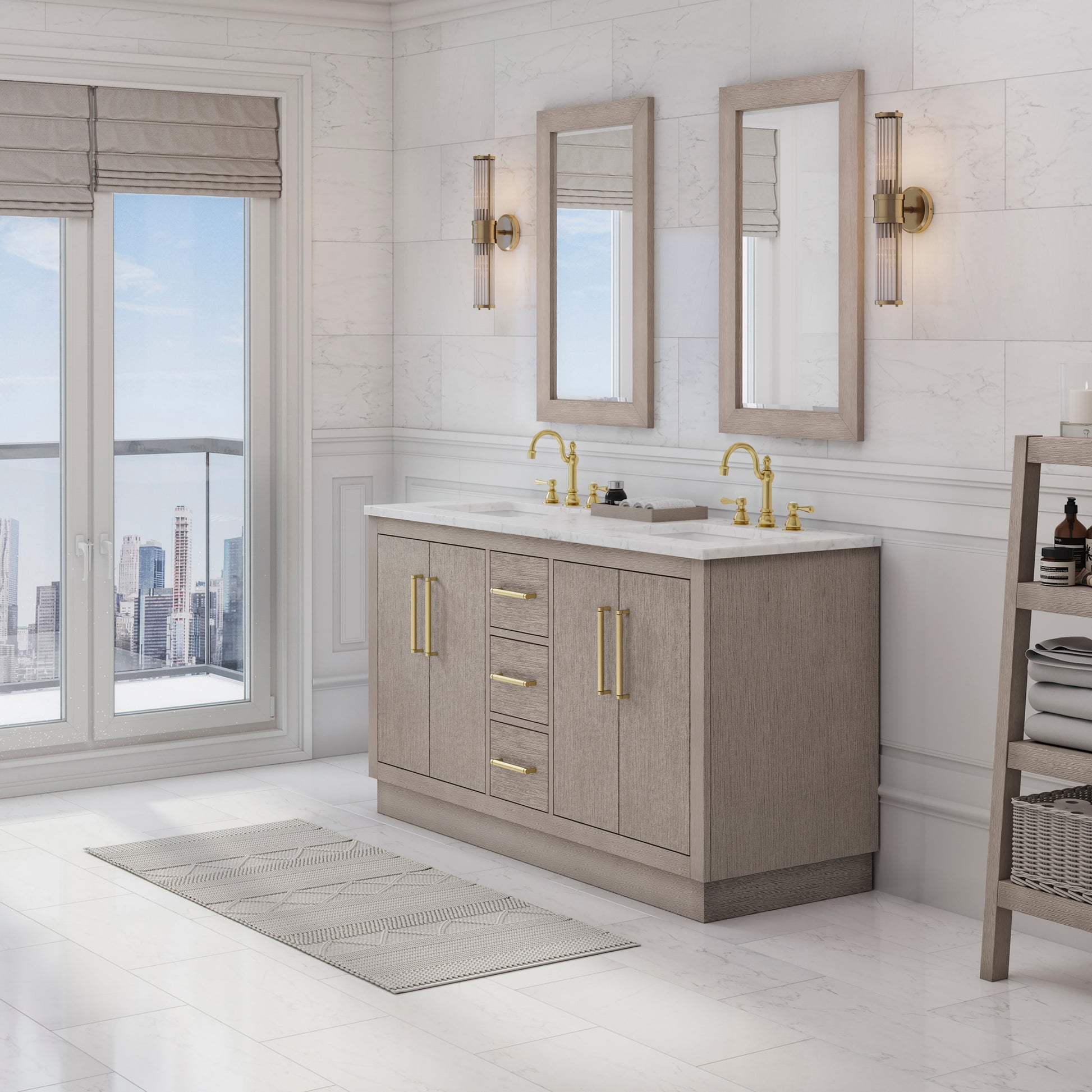 HUGO 60"W x 34.3"H Gray Oak Double-Sink Vanity with Carrara White Marble Countertop + Hook Faucets