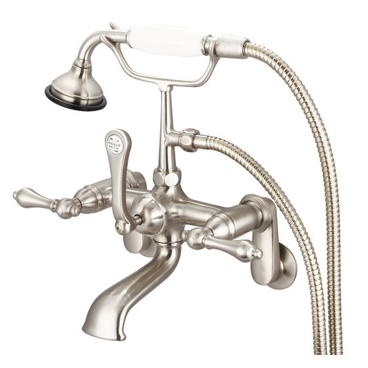 Vintage Classic Adjustable Center Wall Mount Tub Faucet With Swivel Wall Connector & Handheld Shower in Brushed Nickel Finish, With Metal Lever Handles Without Labels