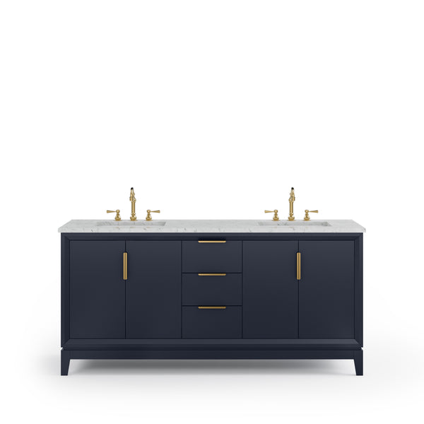 ELIZABETH 72W x 34.25H Monarch Blue Double-Sink Vanity with Carrara White Marble Countertop + Faucets (F2-0012-06-TL)