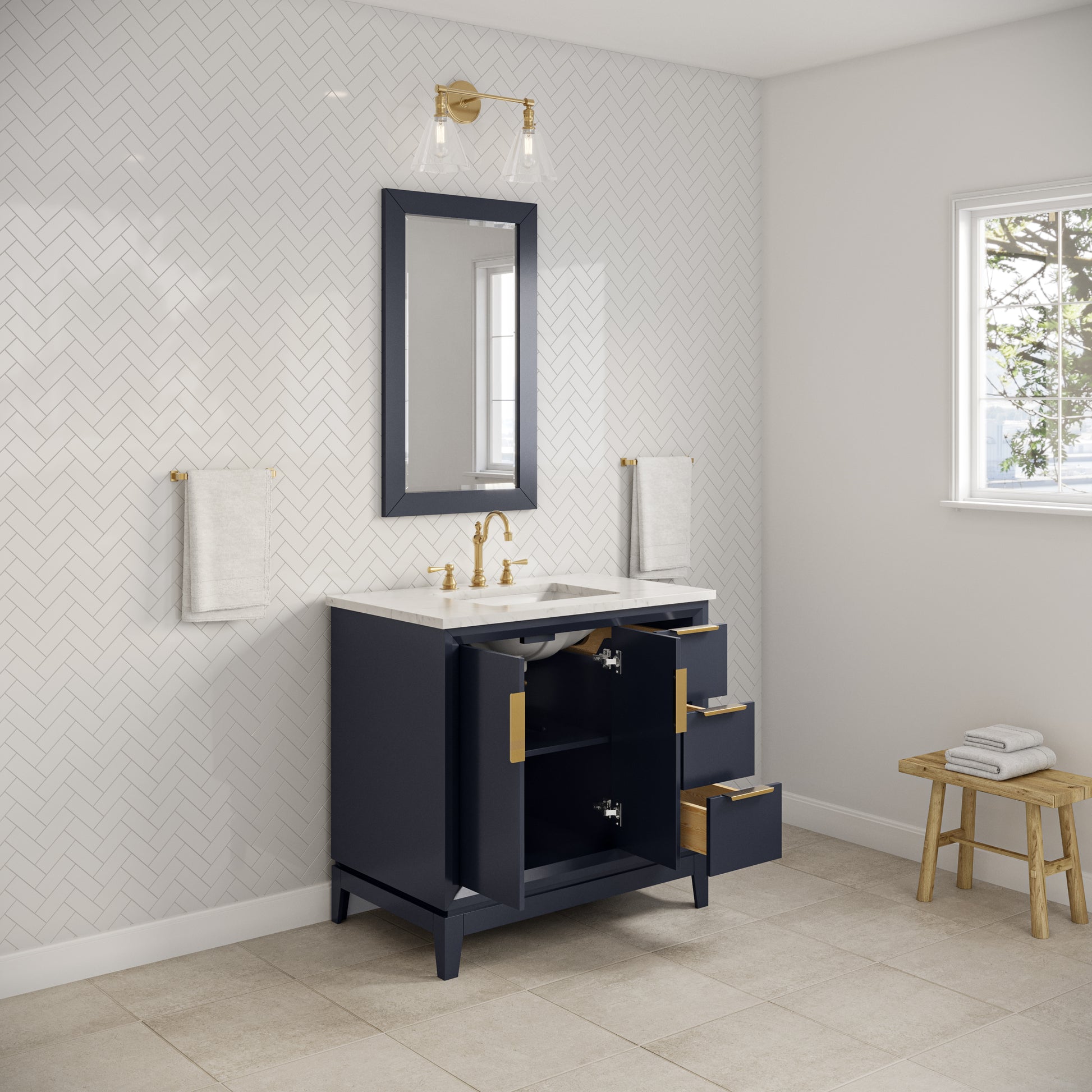 ELIZABETH 36"W x 34.25"H Monarch Blue Single-Sink Vanity with Carrara White Marble Countertop + Mirror