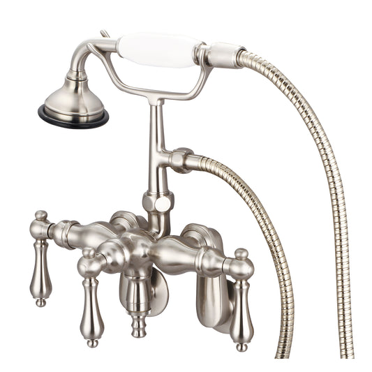 Vintage Classic Adjustable Center Wall Mount Tub Faucet With Down Spout, Swivel Wall Connector & Handheld Shower in Brushed Nickel Finish, With Metal Lever Handles Without Labels