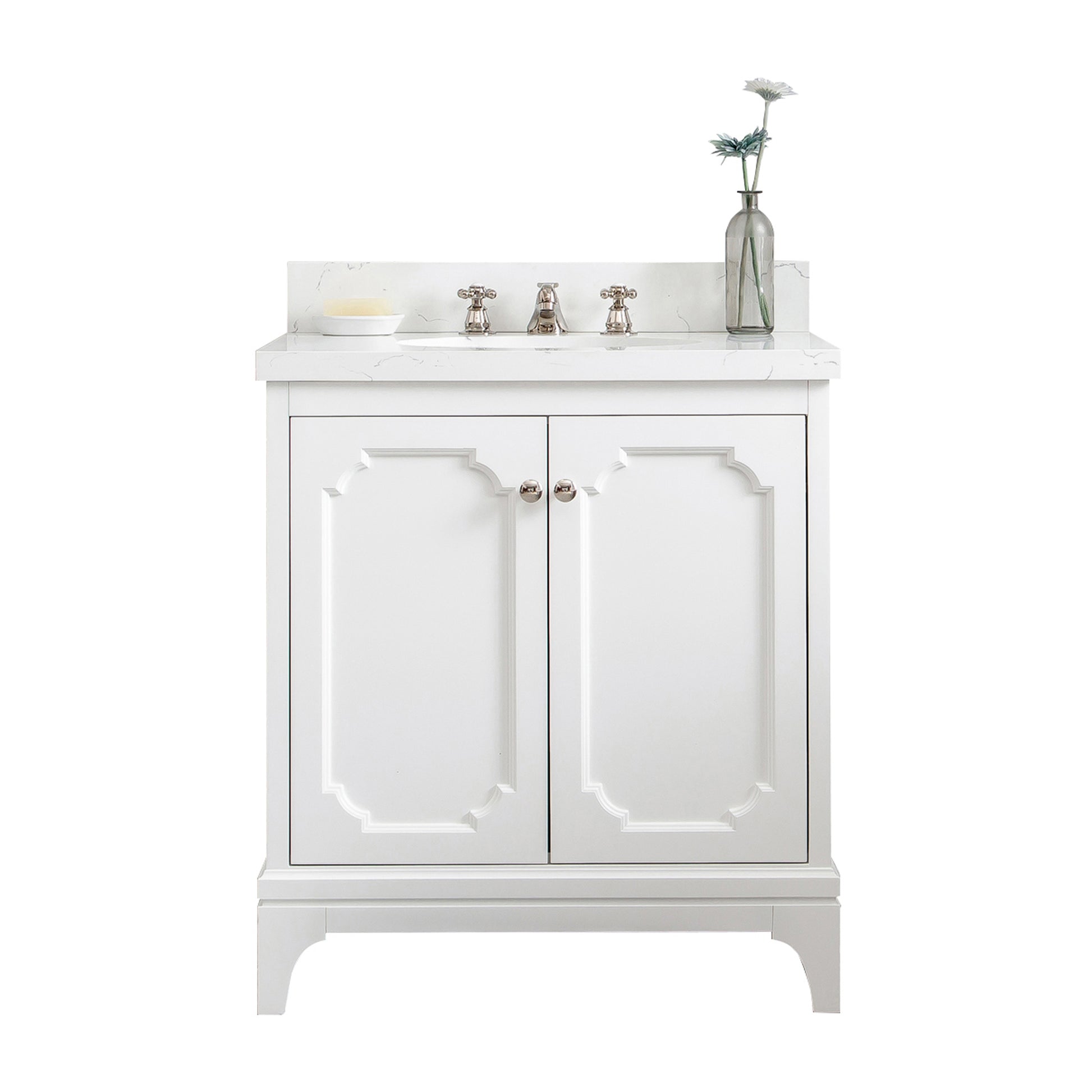 QUEEN 30"W x 34"H Pure White Single-Sink Vanity with Carrara Quartz Countertop