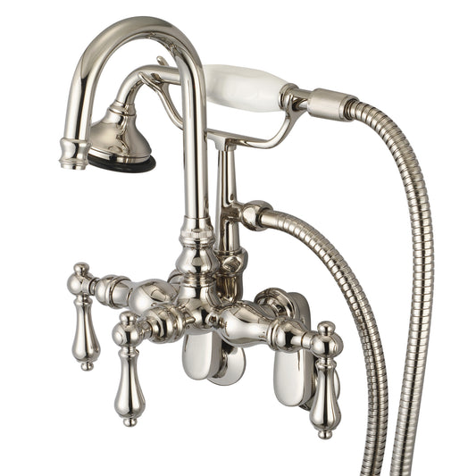 Vintage Classic Adjustable Spread Wall Mount Tub Faucet With Gooseneck Spout, Swivel Wall Connector & Handheld Shower in Polished Nickel Finish, With Metal Lever Handles Without Labels