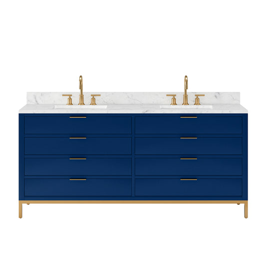 BRISTOL 72"W x 34"H Monarch Blue Double-Sink Vanity with Carrara White Marble Countertop + Satin Gold Gooseneck Faucets