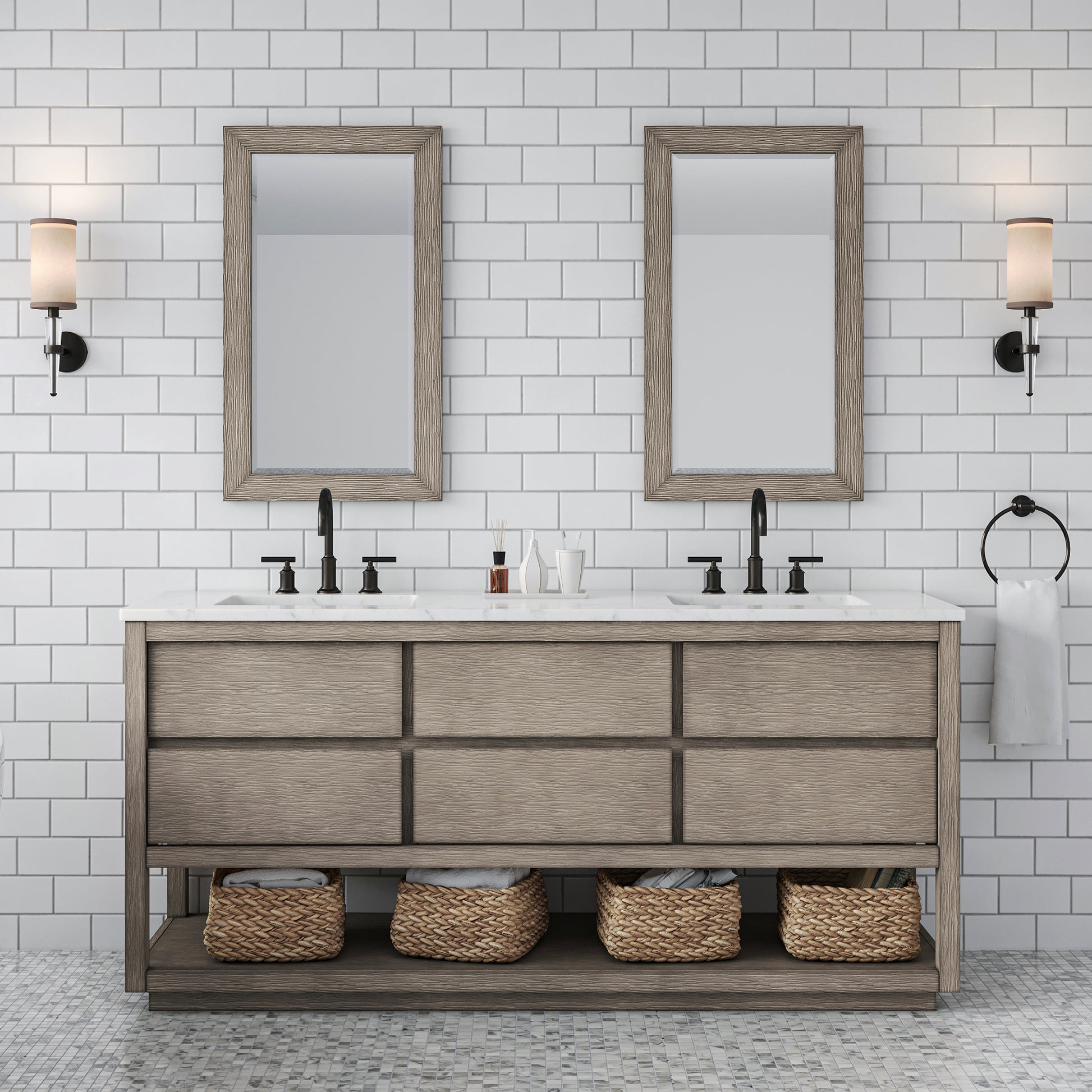 OAKMAN 72"W x 34.3"H Gray Oak Double-Sink Vanity with Carrara White Marble Countertop + Rectangular Mirrors