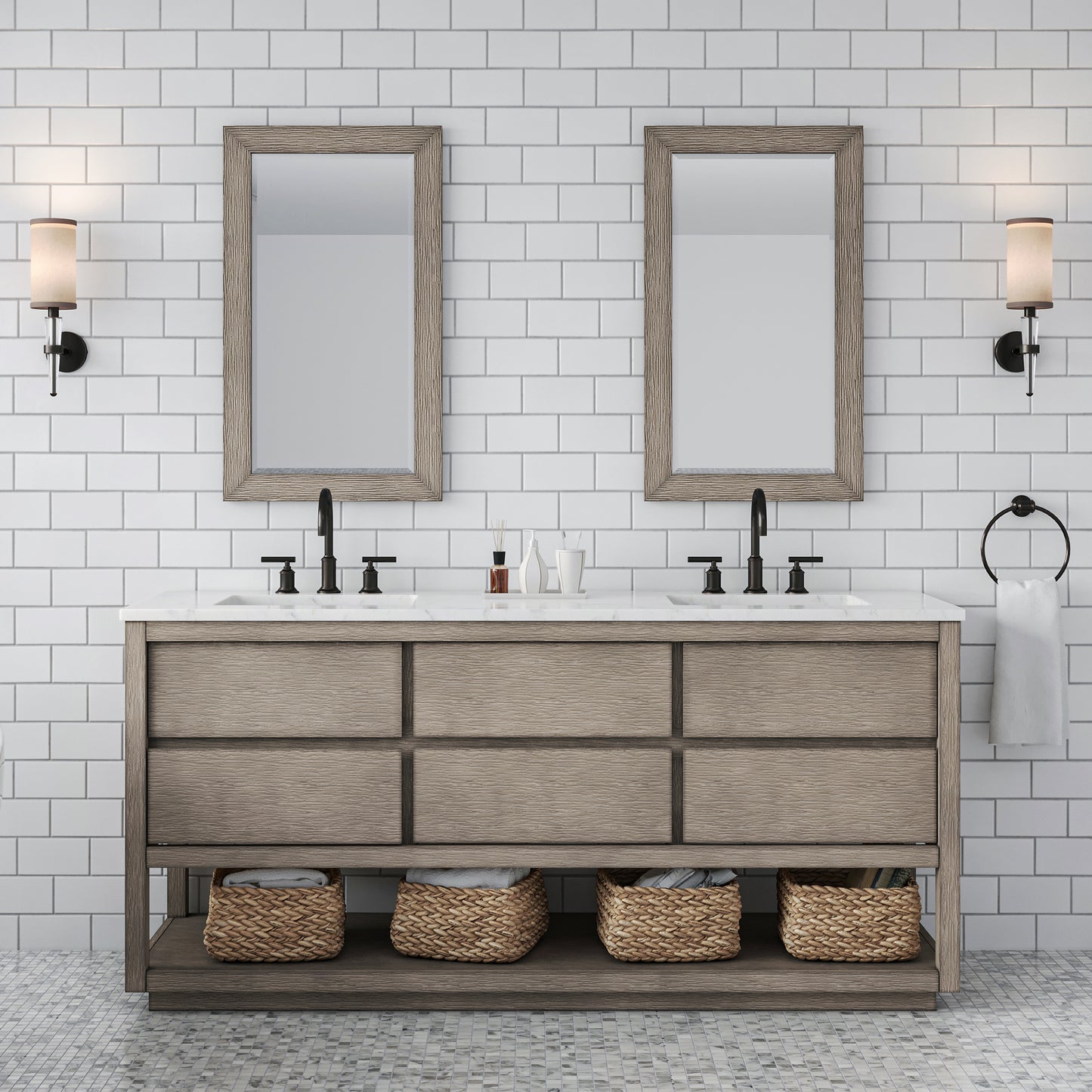 OAKMAN 72"W x 34.3"H Gray Oak Double-Sink Vanity with Carrara White Marble Countertop + Rectangular Mirrors