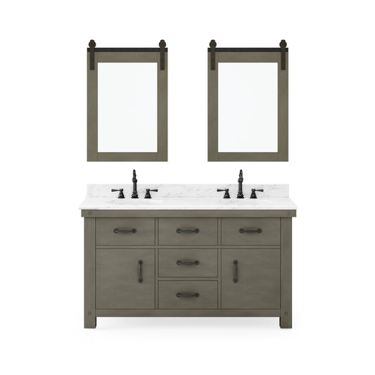 ABERDEEN 72"W x 34"H Grizzle Gray Double-Sink Vanity with Carrara White Marble Countertop + Mirror