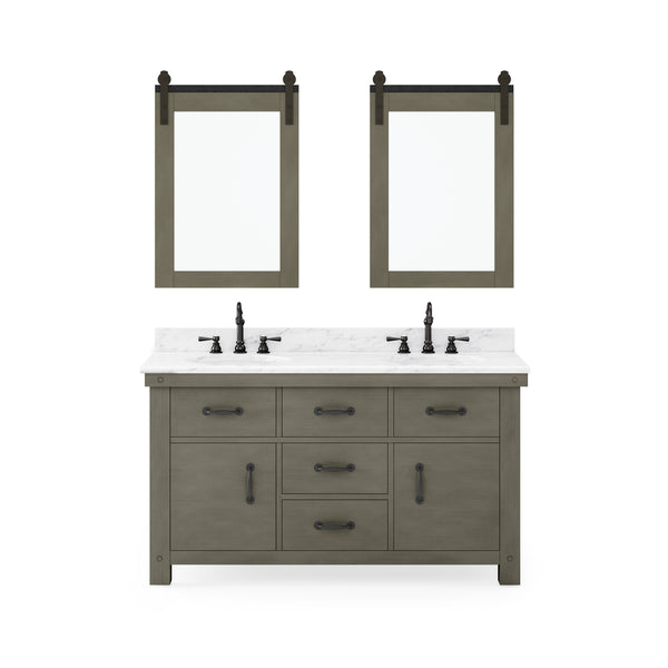 ABERDEEN 72W x 34H Grizzle Gray Double-Sink Vanity with Carrara White Marble Countertop + Mirror