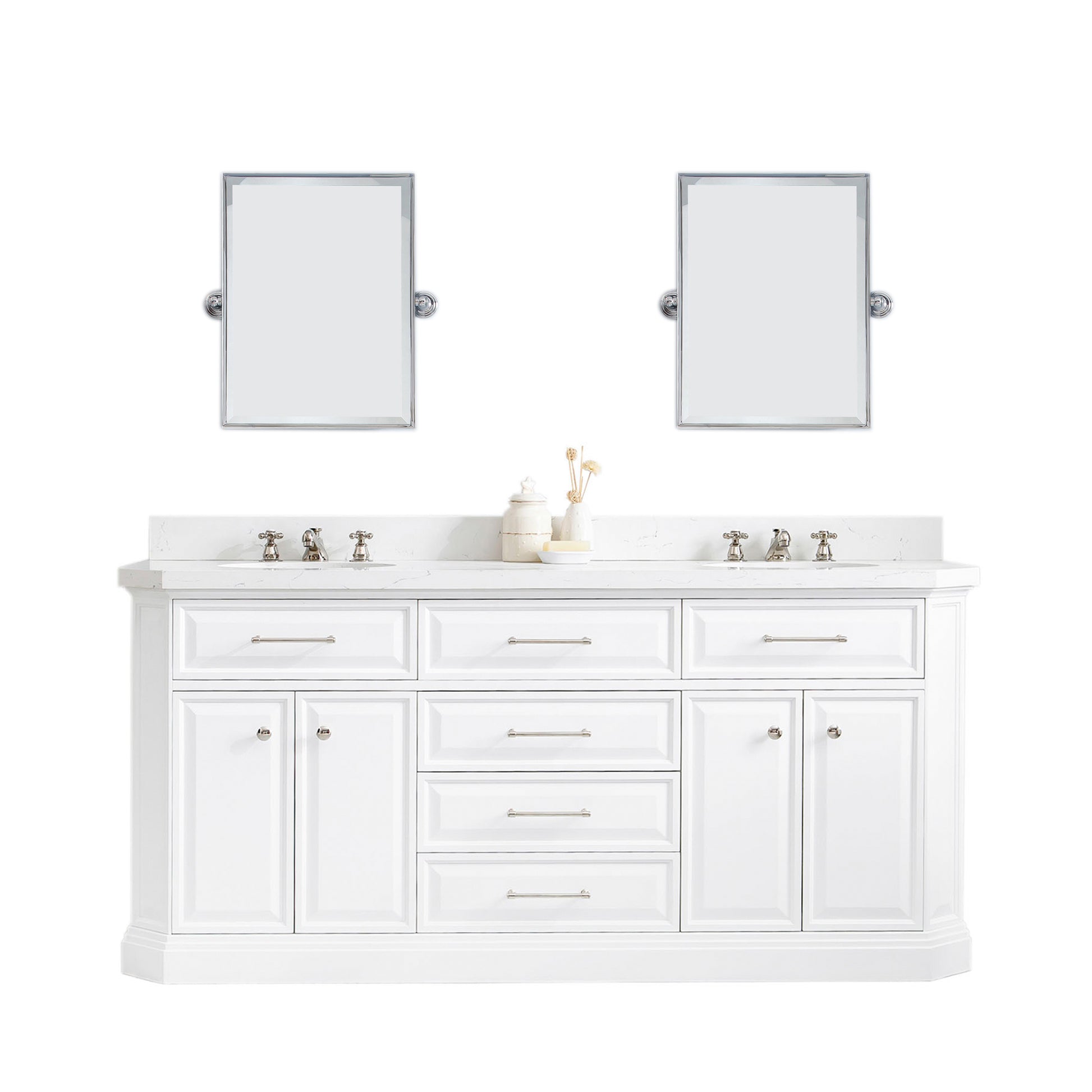 PALACE 72"W x 34"H Pure White Vanity with Carrara Quartz Countertop + Mirror, Polished Nickel Finish Hardware & Mirror