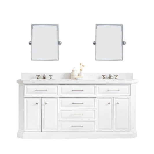 PALACE 72"W x 34"H Pure White Vanity with Carrara Quartz Countertop + Mirror, Polished Nickel Finish Hardware & Mirror