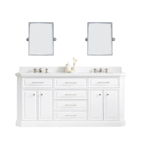 PALACE 72W x 34H Pure White Vanity with Carrara Quartz Countertop + Mirror, Polished Nickel Finish Hardware & Mirror