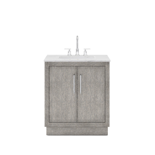 HUGO 30W x 34.3H Gray Oak Single-Sink Vanity with Carrara White Marble Countertop + Gooseneck Faucet