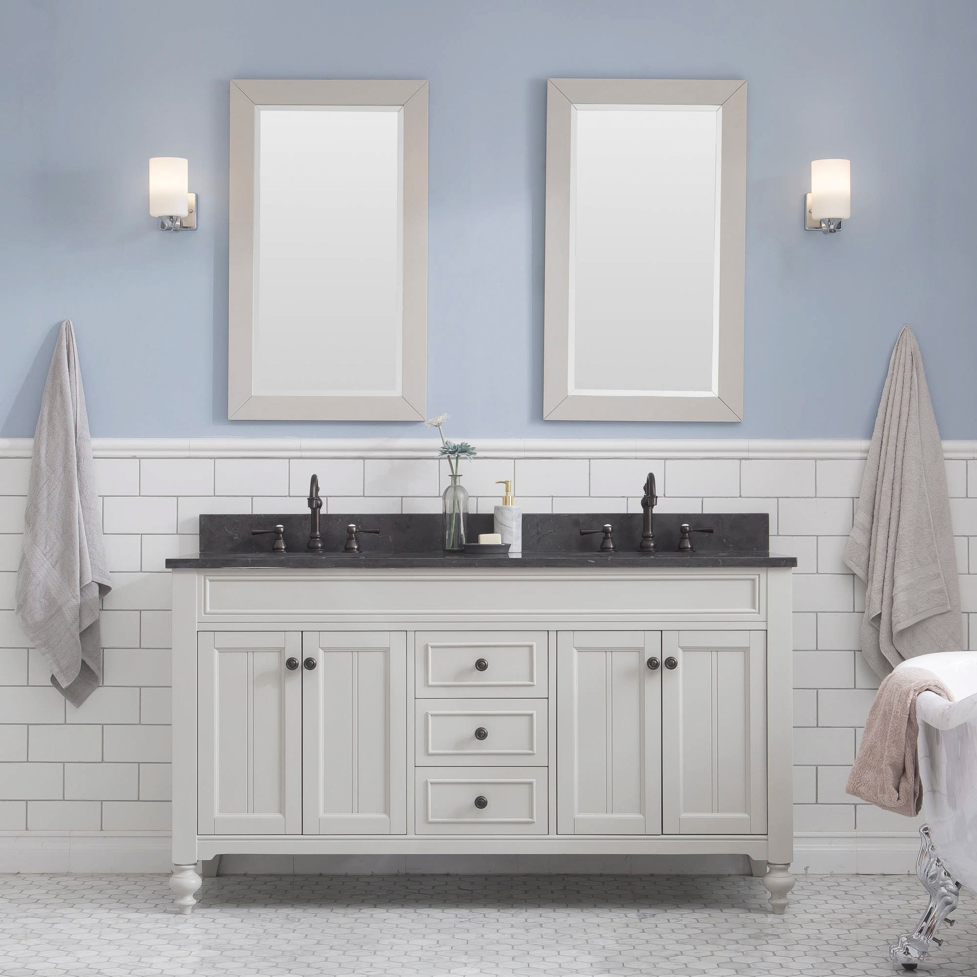 POTENZA 60"W x 34"H Earl Gray Vanity with Blue Limestone Countertop + Faucets B