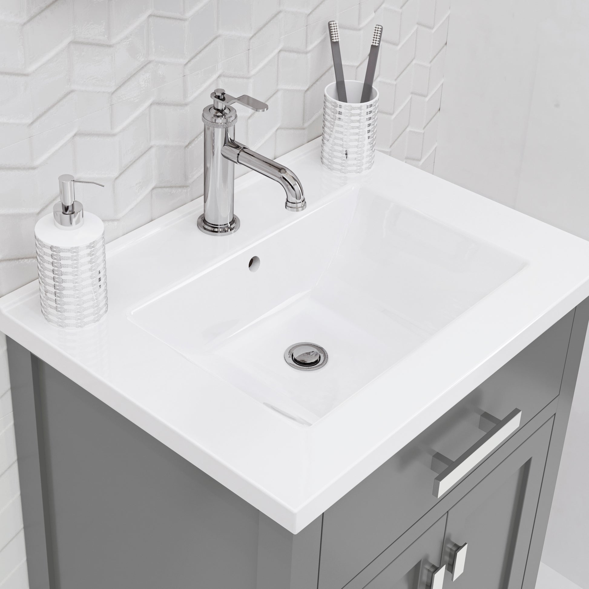 MYRA 24"W x 34"H Cashmere Gray Integrated Ceramic Sink Vanity + Modern Single Faucet