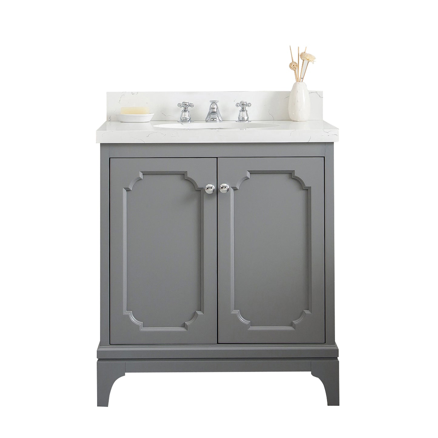 QUEEN 30"W x 34"H Cashmere Gray Single-Sink Vanity with Carrara Quartz Countertop + Faucets (F2-0009-01-BX)