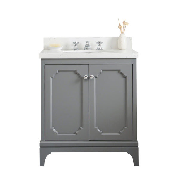 QUEEN 30W x 34H Cashmere Gray Single-Sink Vanity with Carrara Quartz Countertop + Faucets (F2-0009-01-BX)