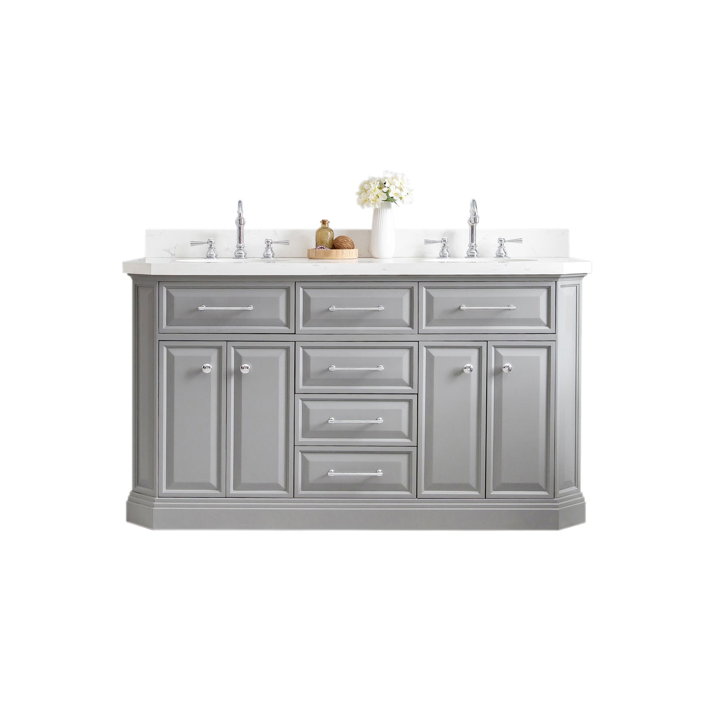 PALACE 60"W x 34"H Cashmere Gray Vanity with Carrara Quartz Countertop + Faucets (F2-0012), Chrome Finish Hardware