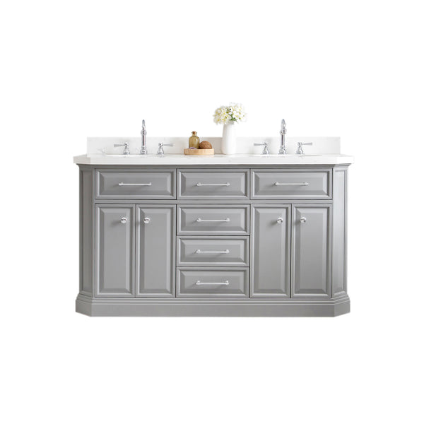 PALACE 60W x 34H Cashmere Gray Vanity with Carrara Quartz Countertop + Faucets (F2-0012), Chrome Finish Hardware