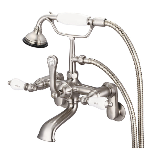 Vintage Classic Adjustable Center Wall Mount Tub Faucet With Swivel Wall Connector & Handheld Shower in Brushed Nickel Finish, With Porcelain Lever Handles, Hot And Cold Labels Included