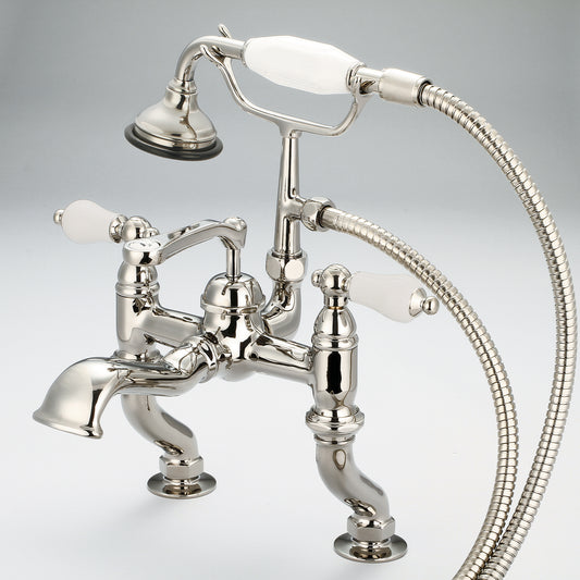 Vintage Classic Adjustable Center Deck Mount Tub Faucet With Handheld Shower in Polished Nickel Finish, With Porcelain Lever Handles Without labels