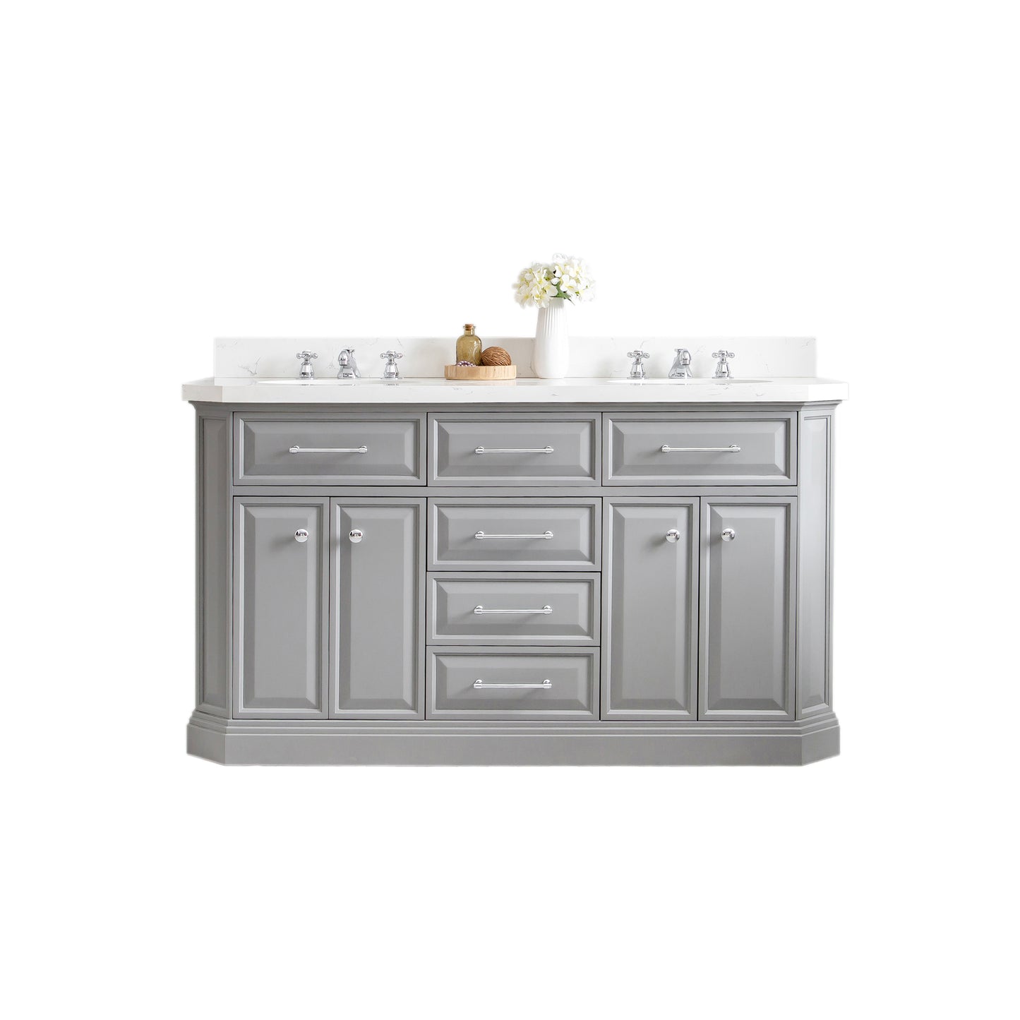 PALACE 60"W x 34"H Cashmere Gray Vanity with Carrara Quartz Countertop, Chrome Finish Hardware