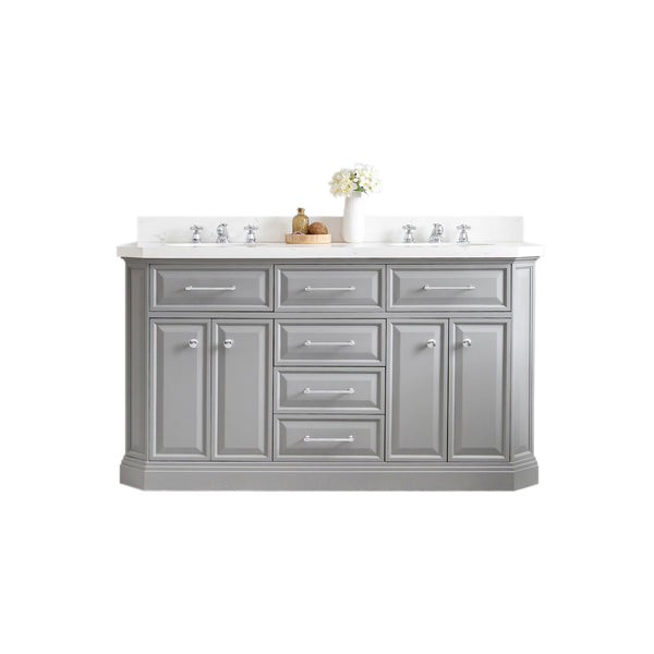 PALACE 60W x 34H Cashmere Gray Vanity with Carrara Quartz Countertop, Chrome Finish Hardware