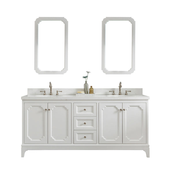 QUEEN 72W x 34H Pure White Double-Sink Vanity with Carrara Quartz Countertop + Faucets & Mirror (F2-0012)