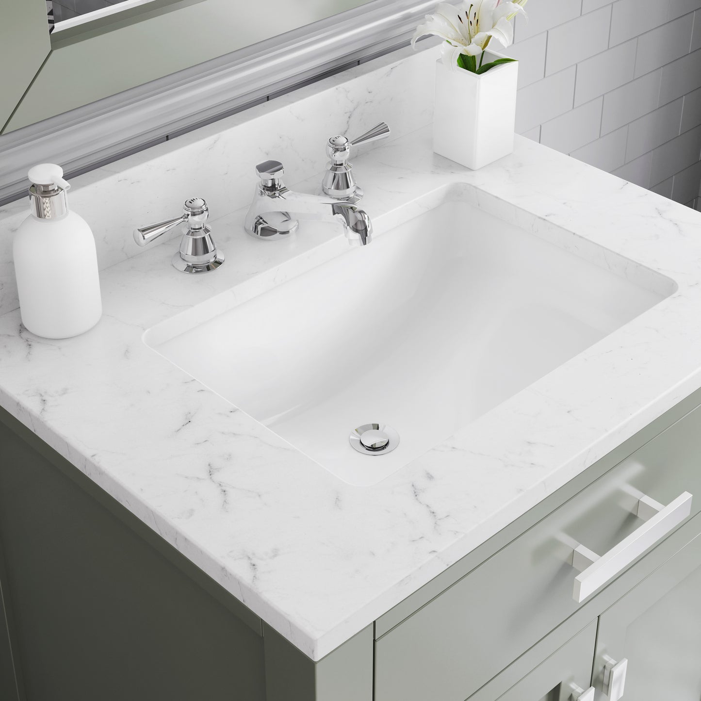 MADISON 30"W x 34"H Glacial Green Single-Sink Vanity with Carrara White Marble Countertop + Classic Faucet and Mirror