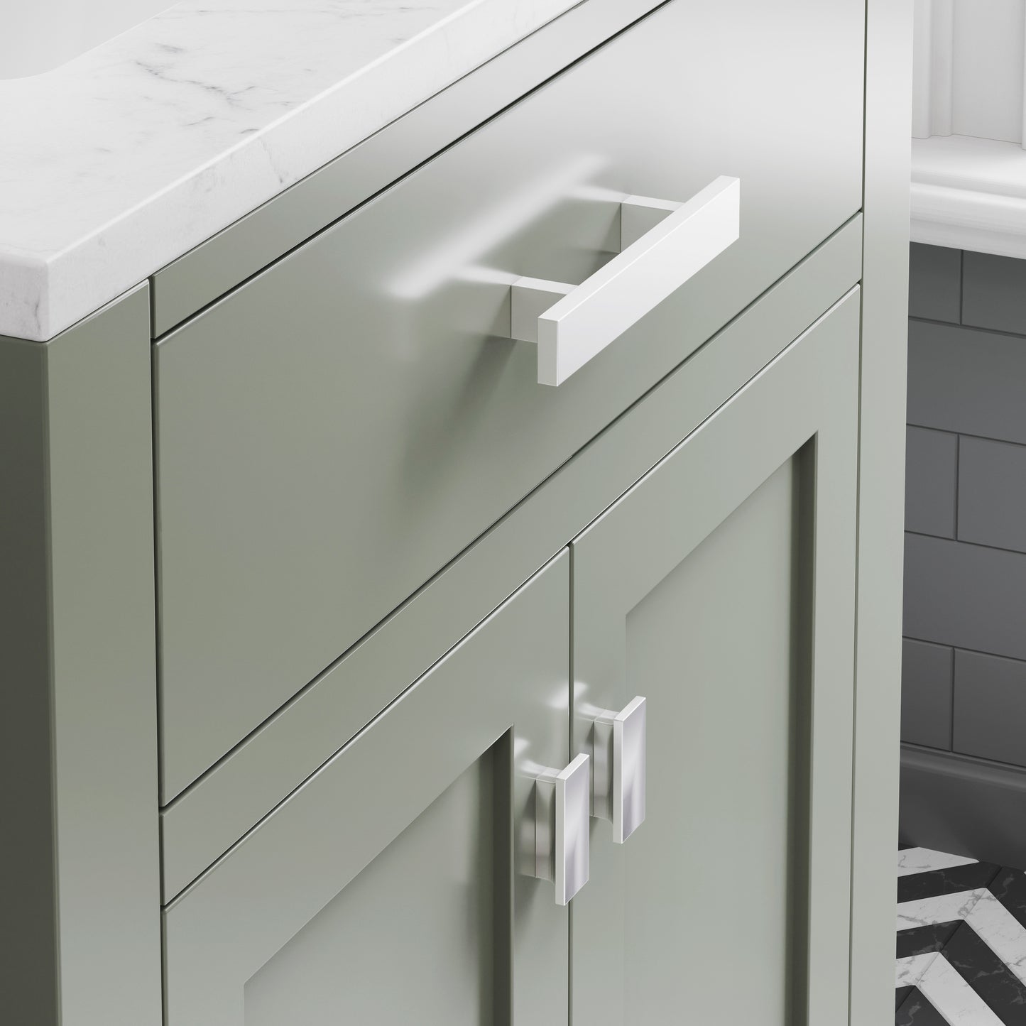 MADISON 30"W x 34"H Glacial Green Single-Sink Vanity with Carrara White Marble Countertop + Classic Faucet and Mirror