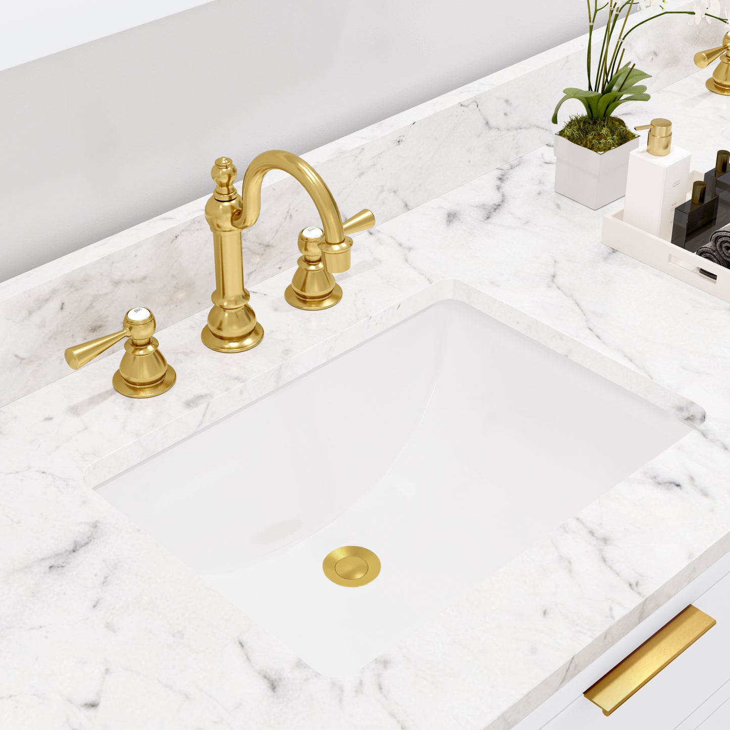 BRISTOL 72"W x 34"H Pure White Double-Sink Vanity with Carrara White Marble Countertop + Satin Gold Hook Faucets