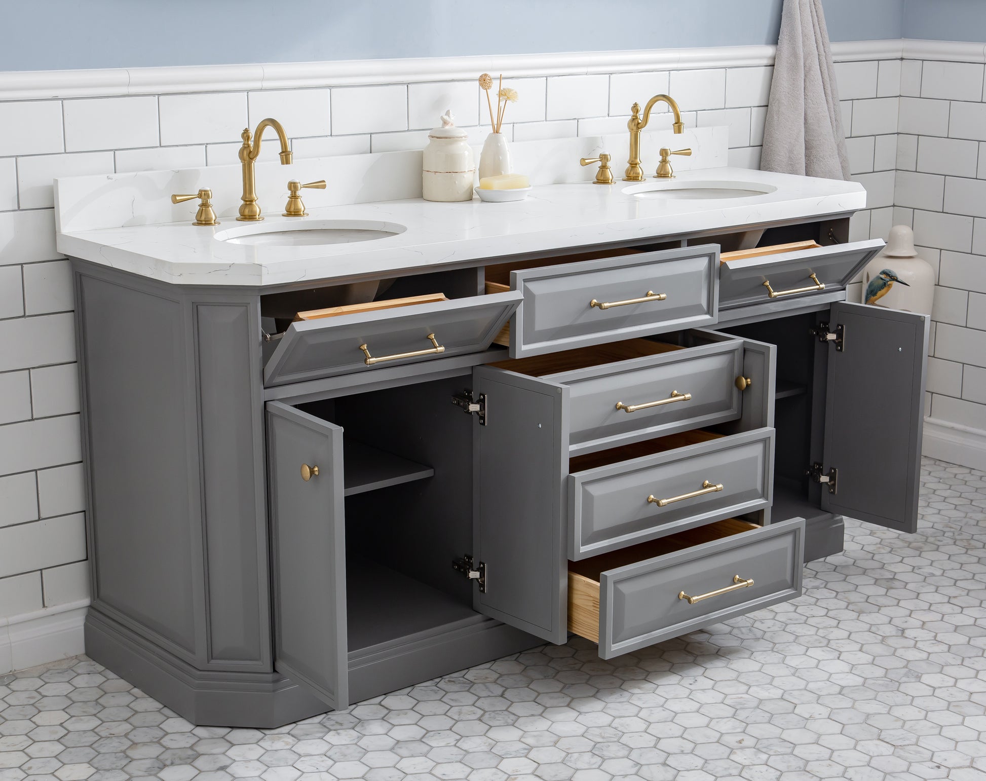 PALACE 72"W x 34"H Cashmere Gray Vanity with Carrara Quartz Countertop + Faucets & Mirrors (F2-0012), Satin Gold Finish Hardware & Chrome Finish Mirror  (A)